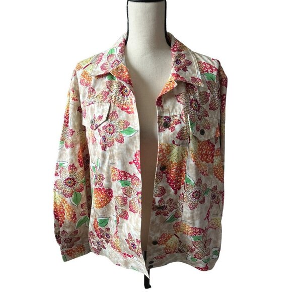 Alfred Dunner Jacket Butterflies Flower Cotton POCKETS Unlined Button Up Size 14 - Picture 4 of 5